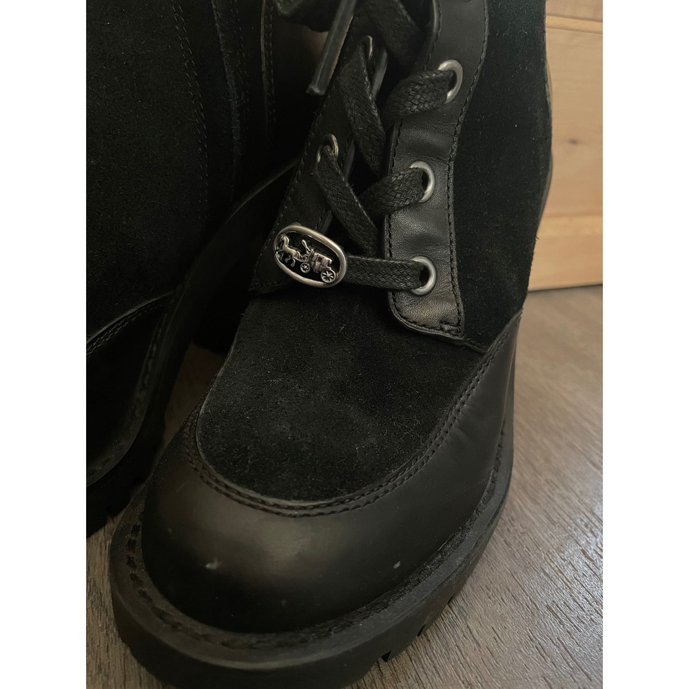 Coach Black Leather Suede Lace Up Block Heel Combat Boots Womens 5B - Picture 2 of 7